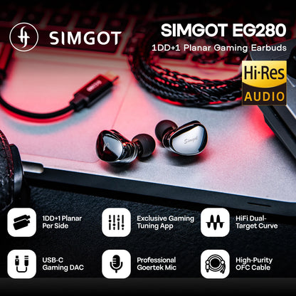 SIMGOT EG280 HiFi Wired IEM Earphones 1DD+1 Planar Hybrid Driver Gaming Earbuds with USB-C DAC, Detachable 2Pin OFC Cable
