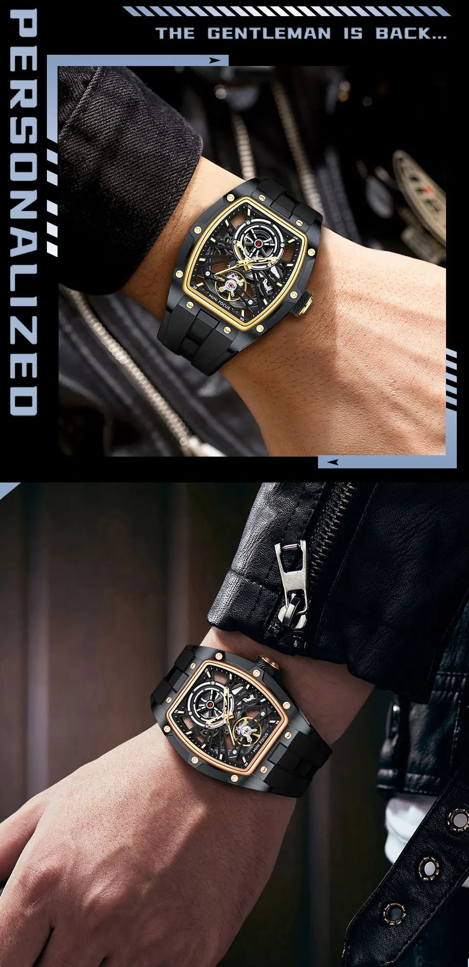 MINI FOCUS Men's Wristwatch Fashion Black Waterproof Automatic Mechanical Watch with Luminous Hands Silicone Strap Tonneau Dial