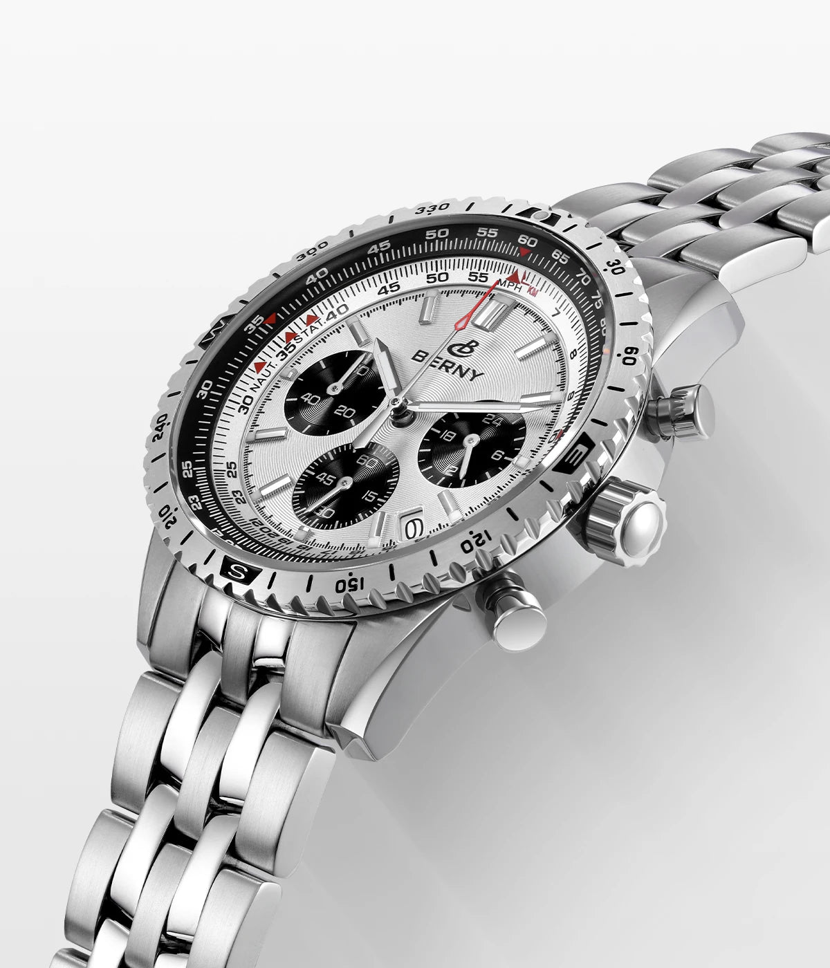 Męski zegarek chronograf BERNY – wielofunkcyjny zegarek kwarcowy w stylu lotniczym, wyposażony w datownik, szafirowe szkło i doskonałą luminescencję – luksusowy męski zegarek na rękę