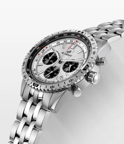 Męski zegarek chronograf BERNY – wielofunkcyjny zegarek kwarcowy w stylu lotniczym, wyposażony w datownik, szafirowe szkło i doskonałą luminescencję – luksusowy męski zegarek na rękę