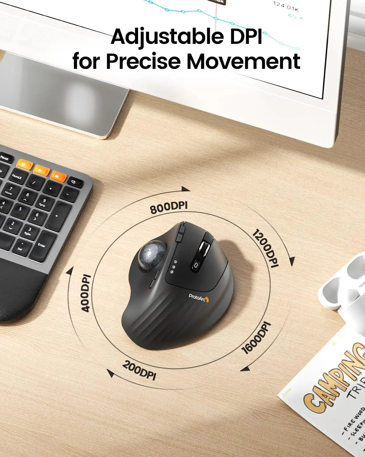 ProtoArc EM01 NL Wireless Trackball Mouse, Ergonomic Bluetooth Thumb Trackball Mouse, Rechargeable Multi-Device Wireless Mouse for Laptop, PC & Mac