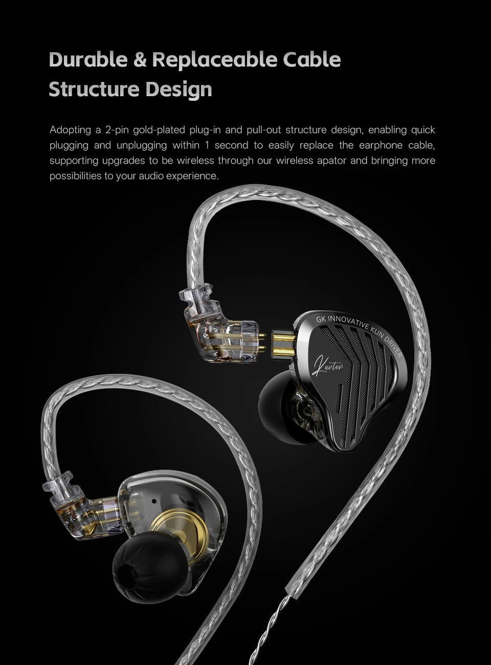 GK KUNTEN HiFi Dynamic Driver Earphones Wired In-Ear Headphones with Microphone, Detachable Cable DJ Music Earbuds, Professional HiFi Audio Earphones