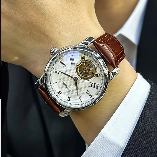 Pánské mechanické hodinky s automatickým nátahem – elegantní prolamovaný design, moderní styl „business casual“, pouzdro ze slitiny a kožený řemínek, bez baterie