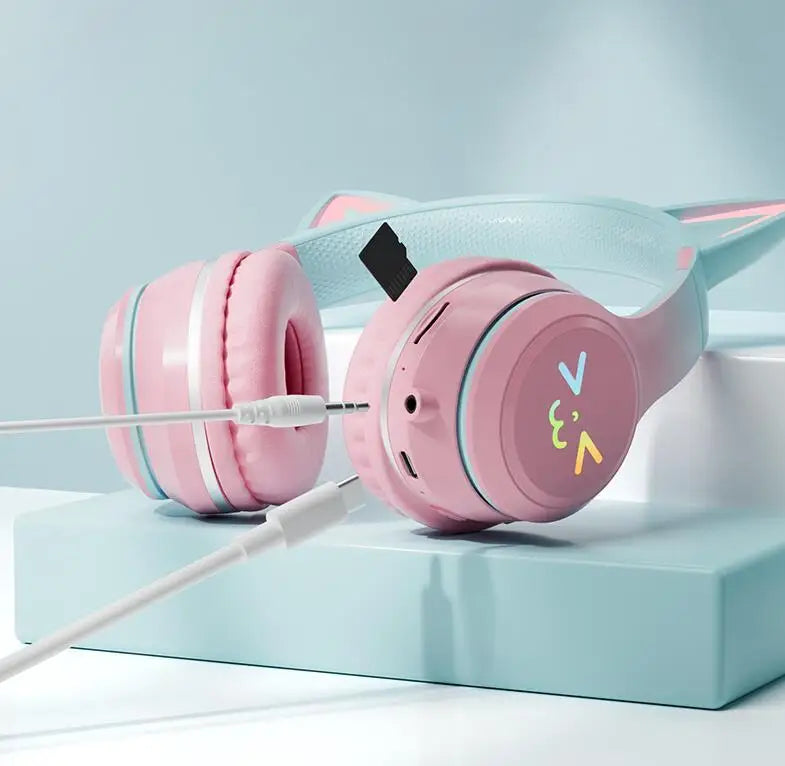 RGB Cat Ear Wireless Bluetooth Headphones for Kids & Girls, LED Light Stereo Gaming Headset with Microphone, Foldable Bluetooth Cat Ear Headphones