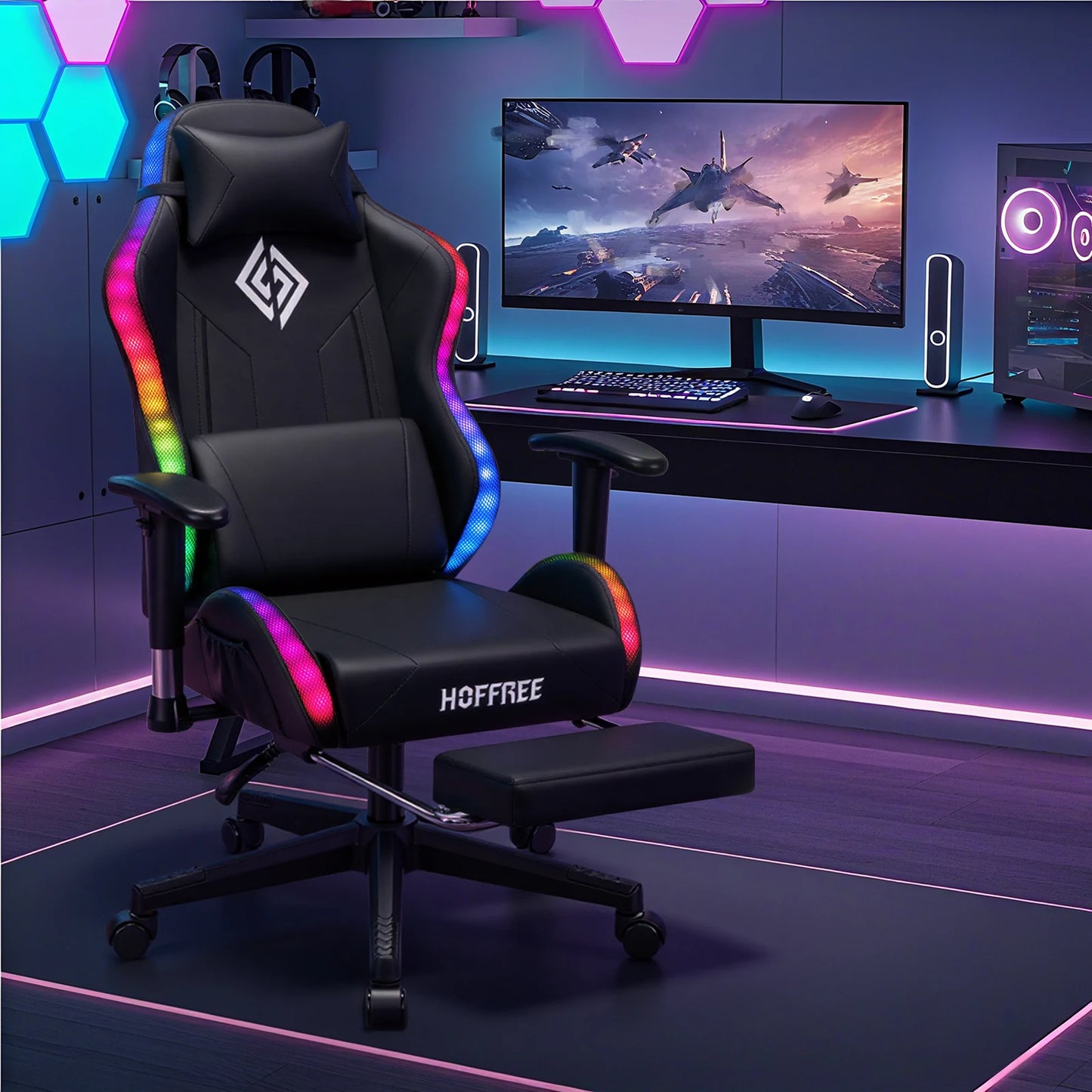 Cadeira Gaming LED para Crianças dos 8 aos 15 Anos, Cadeira Gamer Ajustável com Iluminação LED, Apoio para Pés e Suporte Lombar, Cadeira Ergonómica para PC