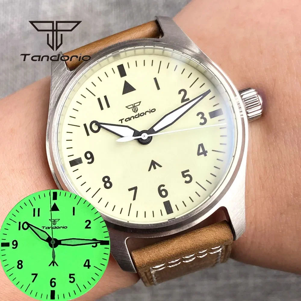 Tandorio Full Luminous Dial 39mm Men's Mechanical Pilot Watch Automatic Miyota 8215 PT5000 Steel Wristwatch AR Sapphire Crystal