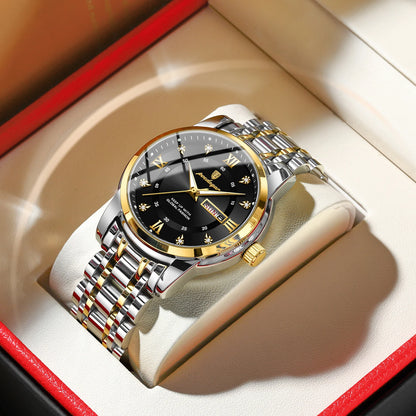 Trendy, luxury POEDAGAR men’s wristwatch, water-resistant, made of stainless steel, with luminous hands, date display and quartz movement.