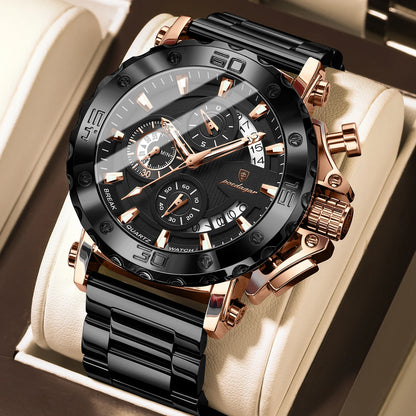 Luxusní pánské hodinky POEDAGAR, s luminiscenčními ručičkami, vodotěsné, chronograf, datum, nerezová ocel, quartz, Reloj