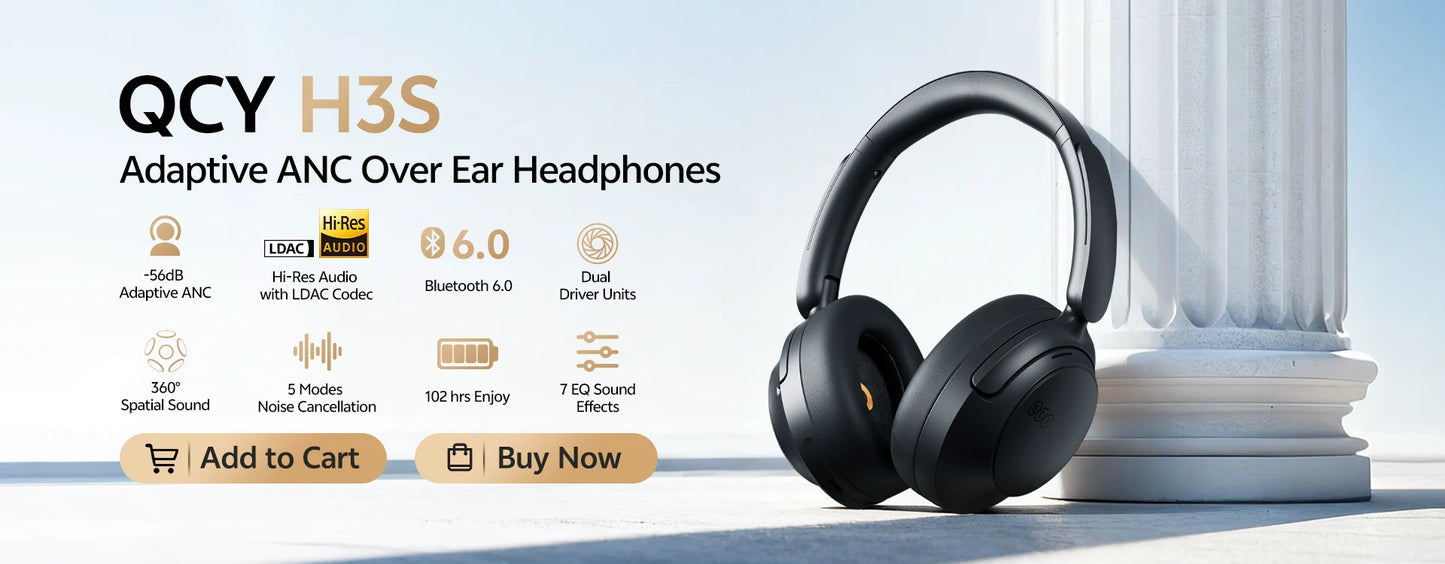QCY H3S -56dB ANC adaptativa Auriculares Bluetooth 6.0 circumaurales – Auriculares inalámbricos Hi-Res LDAC, batería de 102H, sonido espacial con doble transductor
