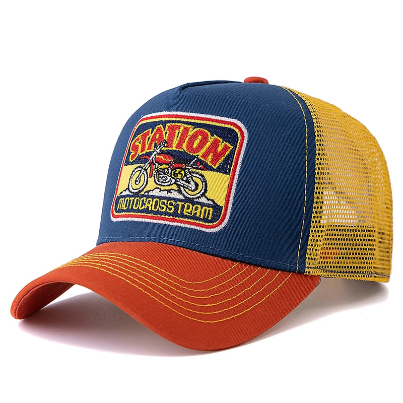 Hot Sale Unisex Mesh Trucker Hat Classic Motorcycle Pattern Breathable Summer Baseball Cap Streetwear Cap for Men Women