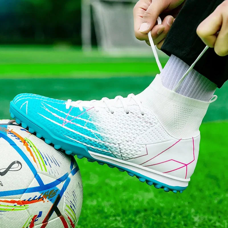New Professional High-Top Football Shoes Artificial Grass Leather Youth Students Training Soccer Shoes for Men and Women Sports