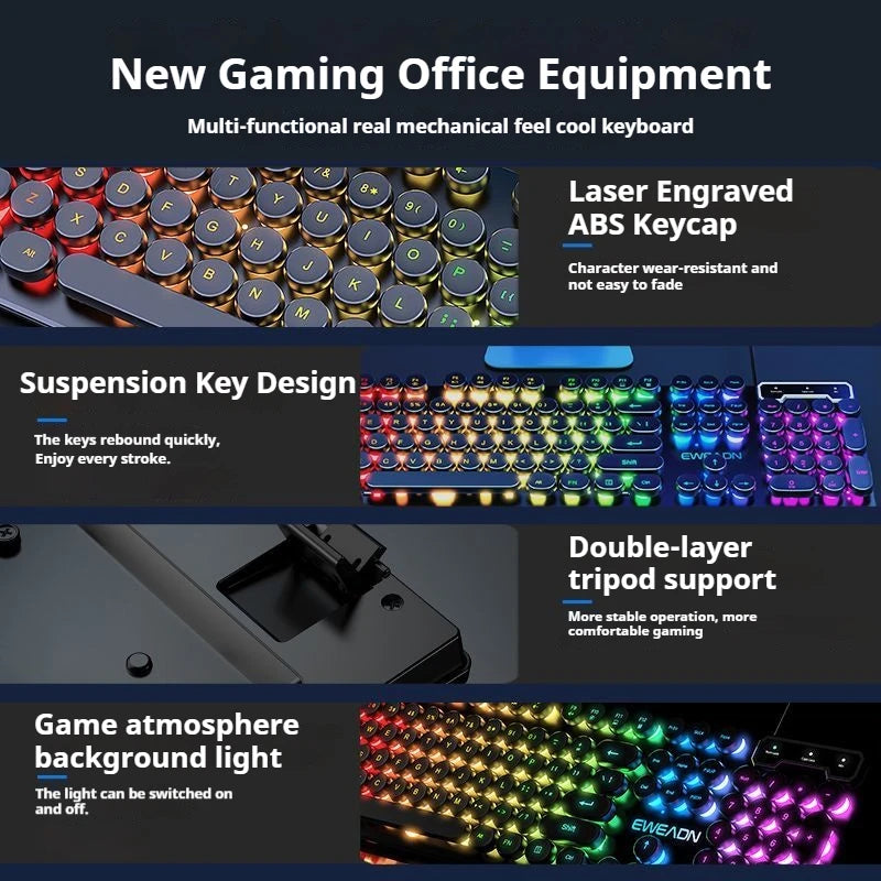 EWEADN GX330 Typewriter Gaming Keyboard 104 Keys Wired Retro Keyboard with RGB Backlit, Round Keycaps, USB Mechanical Style Keyboard for PC & Laptop