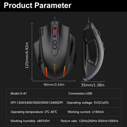 E-YOOSO X-41PRO langallinen suuri pelihiiri, RGB-taustavalaistus, 11 ohjelmoitavaa sivupainiketta, tuki tietokoneille, PC:lle, kannettaville ja Macille
