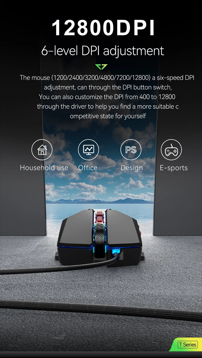 APAYADO T4 Wired Gaming Mouse 12800 DPI RGB Gaming Mouse with 1000Hz Polling Rate, Ultra-Light Cable, 60IPS Precision Mouse for PC & Laptop