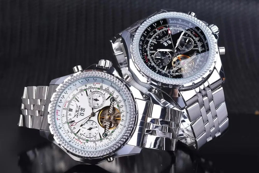 Luksusowy zegarek mechaniczny z automatycznym mechanizmem w stylu retro JARAGAR 034, tourbillon, szkieletowa konstrukcja, stal nierdzewna, kalendarz tygodniowy, zegarek męski