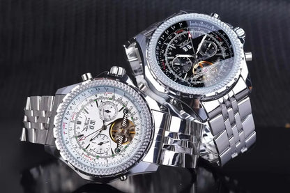 Luksusowy zegarek mechaniczny z automatycznym mechanizmem w stylu retro JARAGAR 034, tourbillon, szkieletowa konstrukcja, stal nierdzewna, kalendarz tygodniowy, zegarek męski