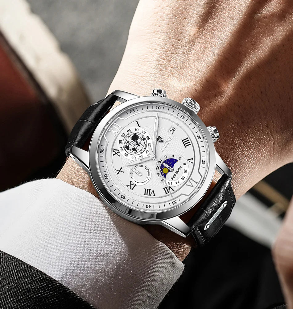 LIGE Luxury Man Wristwatch Waterproof Luminous Chronograph Watch for Men Leather Strap Men's Quartz Watches Reloj Hombre+Box