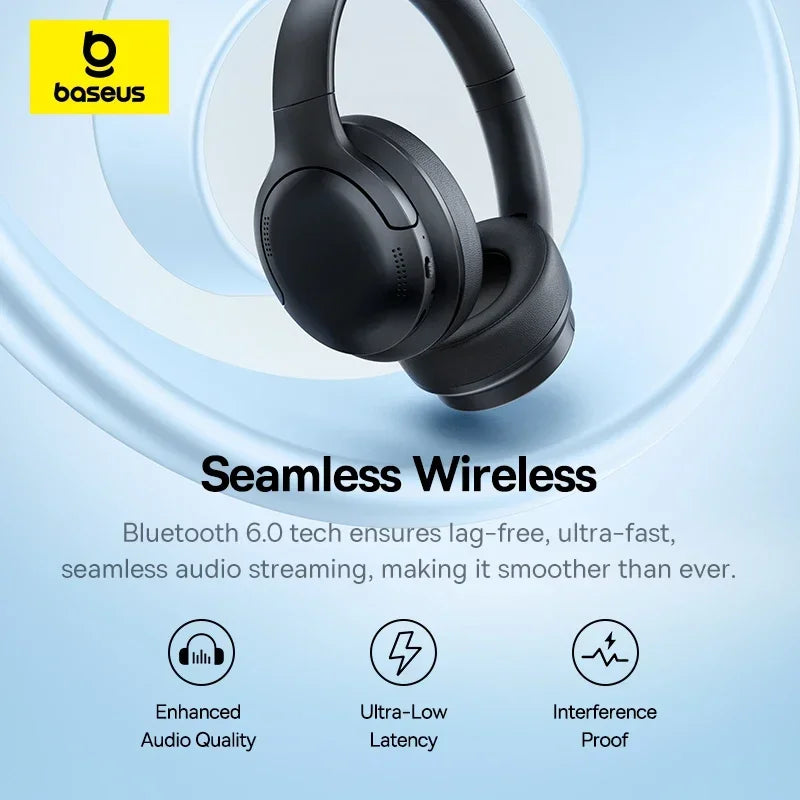Baseus BH1 Lite Bluetooth 6.0 Wireless Headphones with Super Bass, ENC Clear Calls, 80H Playtime, Over Ear Headset for Gaming & Music