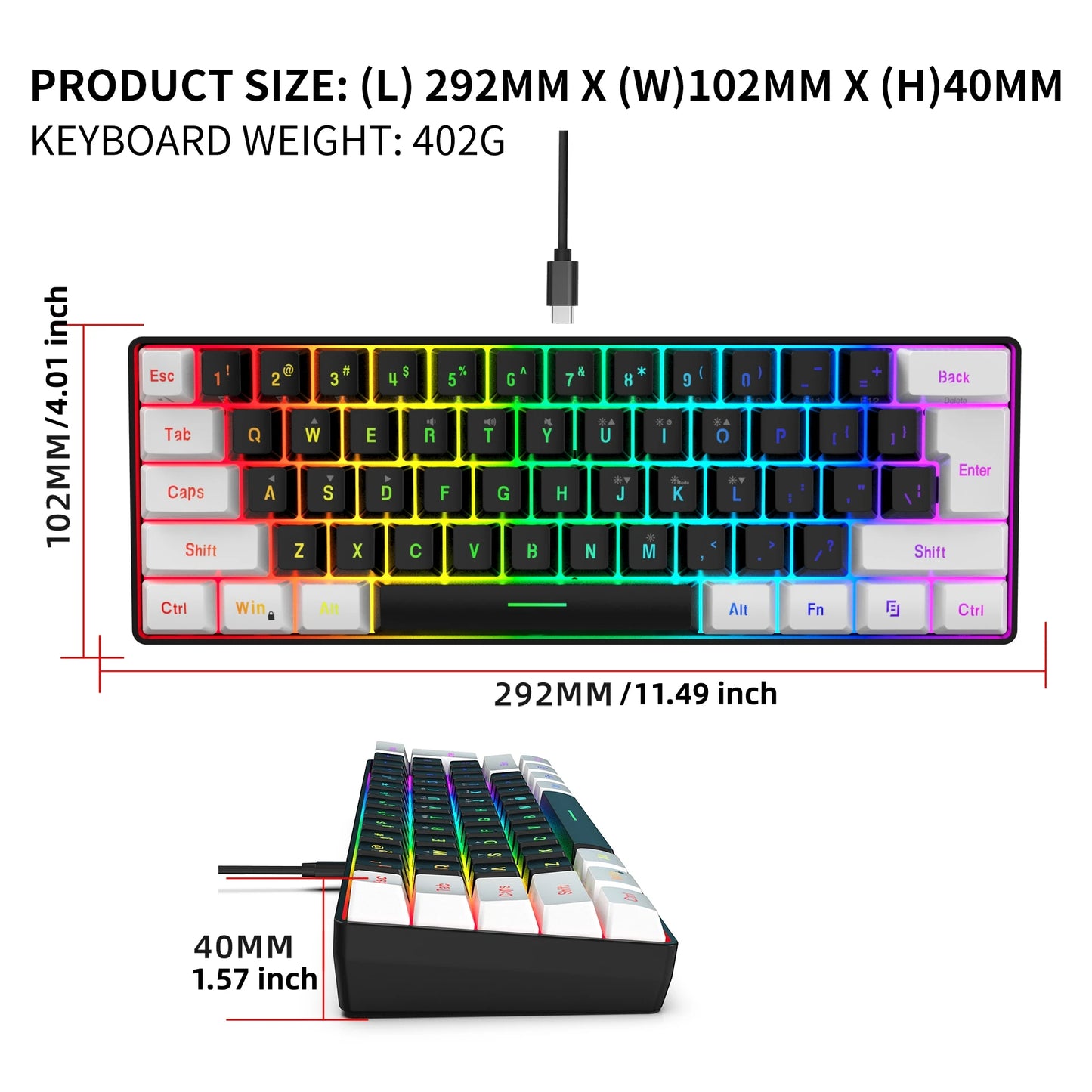 60% Gaming Keyboard Wired RGB Backlit Mini 61 Keys Membrane Keyboard Anti-Ghosting No-Conflict Ultra-Compact for Gamers