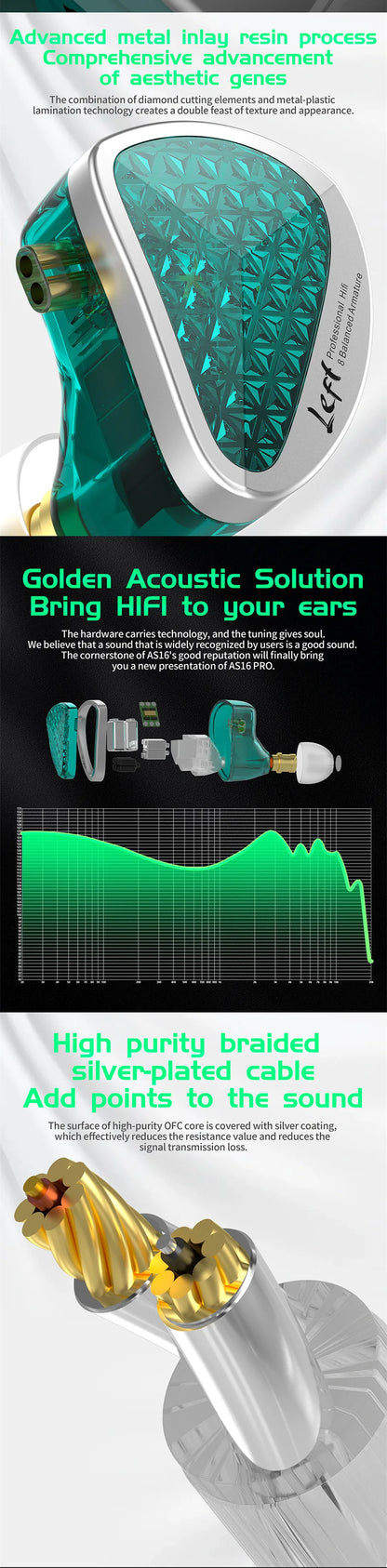KZ AS16 Pro 16BA Balanced Armature In Ear Earphones HiFi Monitor Headphones with Detachable Cable Noise Cancelling Earbuds