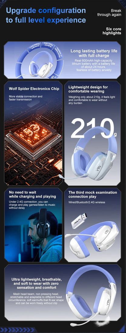 AULA S8 Gaming Headset with Three Mode Connection Lightweight Design Detachable Microphone Esports Headset