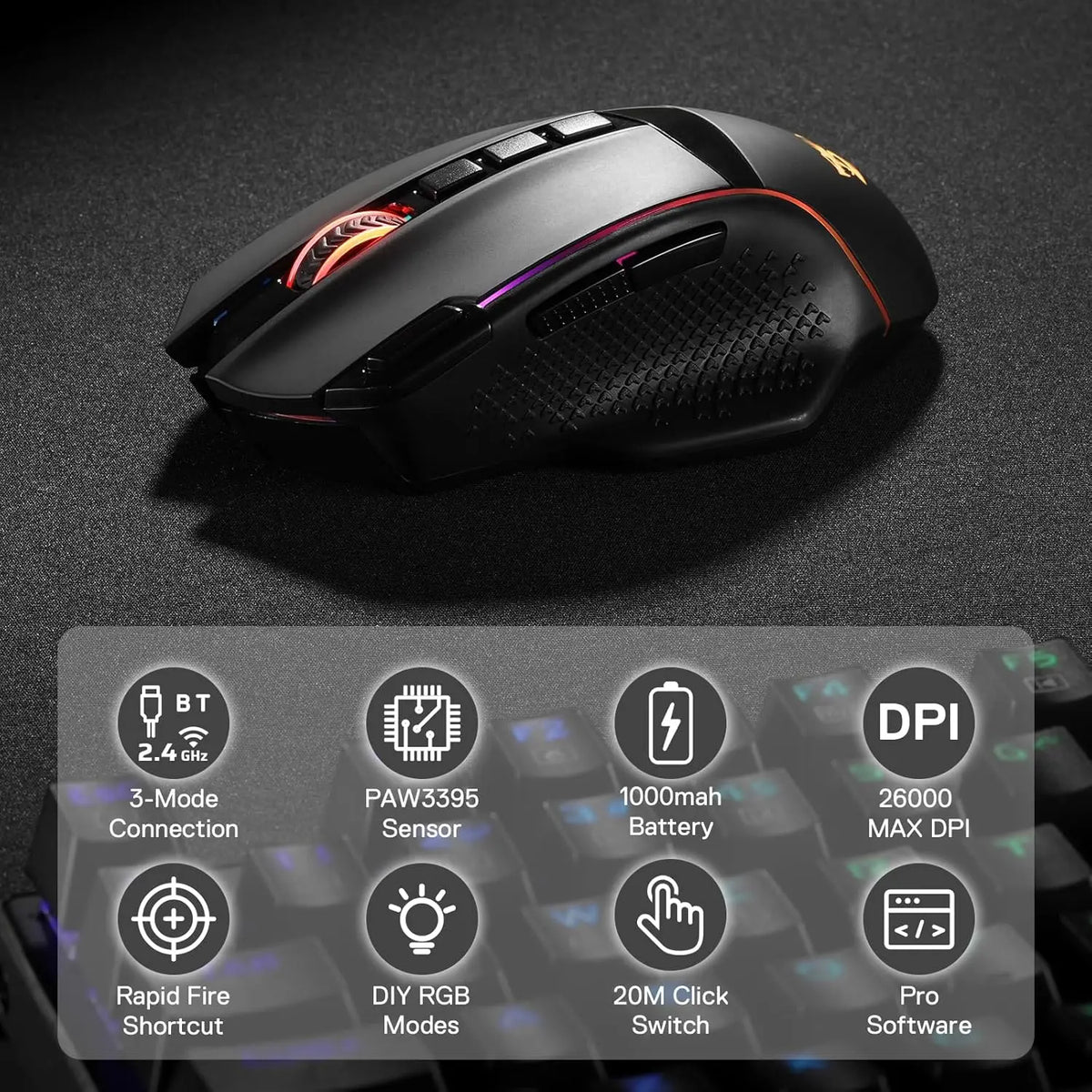 Redragon M991 kabellose Gaming-Maus 26000 DPI, 3 Modi, 9 Makro-Tasten, RGB-Hintergrundbeleuchtung, Schwarz