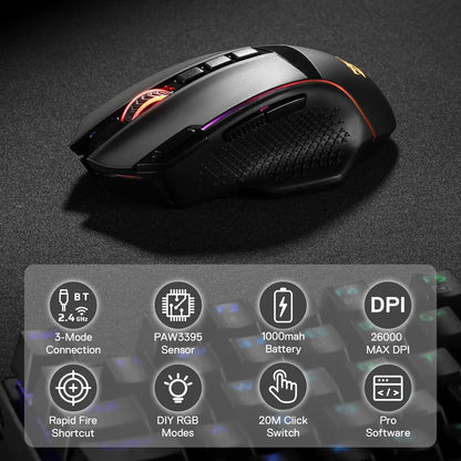 Redragon M991 kabellose Gaming-Maus 26000 DPI, 3 Modi, 9 Makro-Tasten, RGB-Hintergrundbeleuchtung, Schwarz