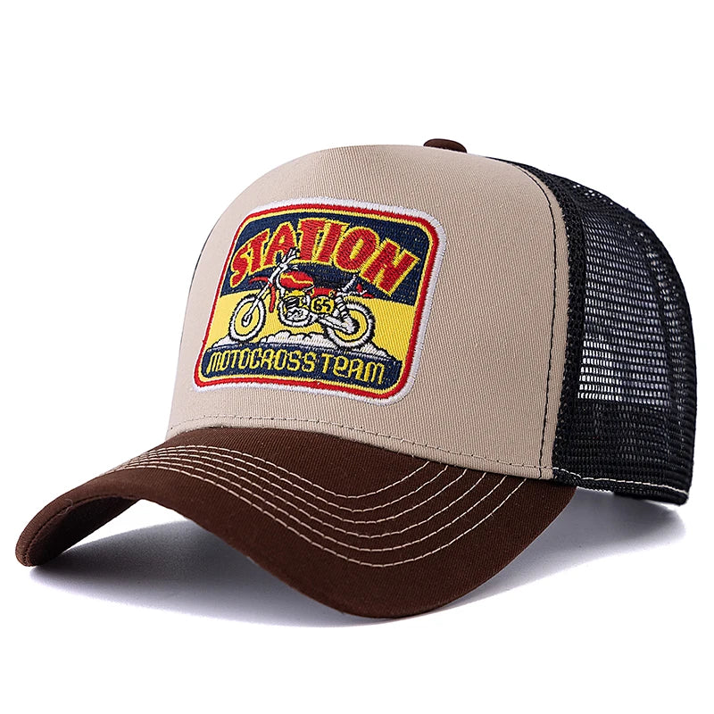 Hot Sale Unisex Mesh Trucker Hat Classic Motorcycle Pattern Breathable Summer Baseball Cap Streetwear Cap for Men Women