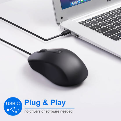 Silent 3D USB-C Wired Mouse, Ergonomic Optical Mouse 1000 DPI for PC, Laptop, MacBook, Tablet & Phone, Silent USB-C Computer Mouse for Windows, macOS & Android