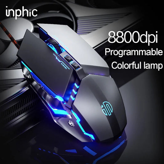 INPHIC W2 Gaming Mouse 8800 DPI Wired USB Optical Mouse with 6 Programmable Buttons, Silent Click, Ergonomic Design & RGB Breathing Light