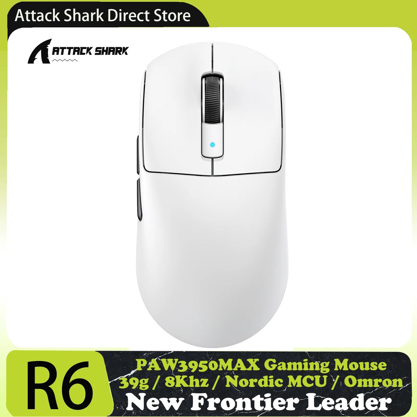 ATTACK SHARK R6 PAW3950MAX langaton pelihiiri, 8Khz päivitystaajuus, ultrakevyt 39g, Nordic 52840 MCU, Omronin optiset mikrokytkimet