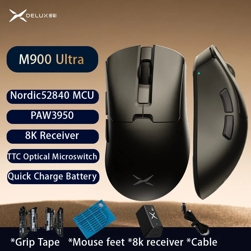 Delux M900PRO Ultra-Light Wireless Gaming Mouse, PAW3395 26K DPI, 1K/8K Polling Rate, Ergonomic Gaming Mouse for Large Hands, 50g PC Gaming Mouse