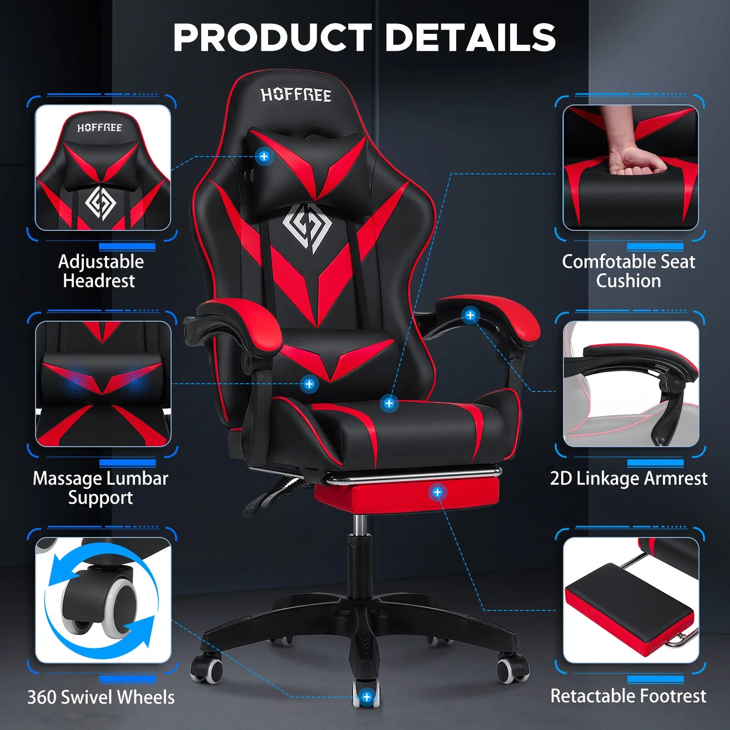 Ergonomic Gaming Chair with Massage, Footrest & Lumbar Support, Reclining Computer Gaming Chair with Adjustable Armrest and Headrest