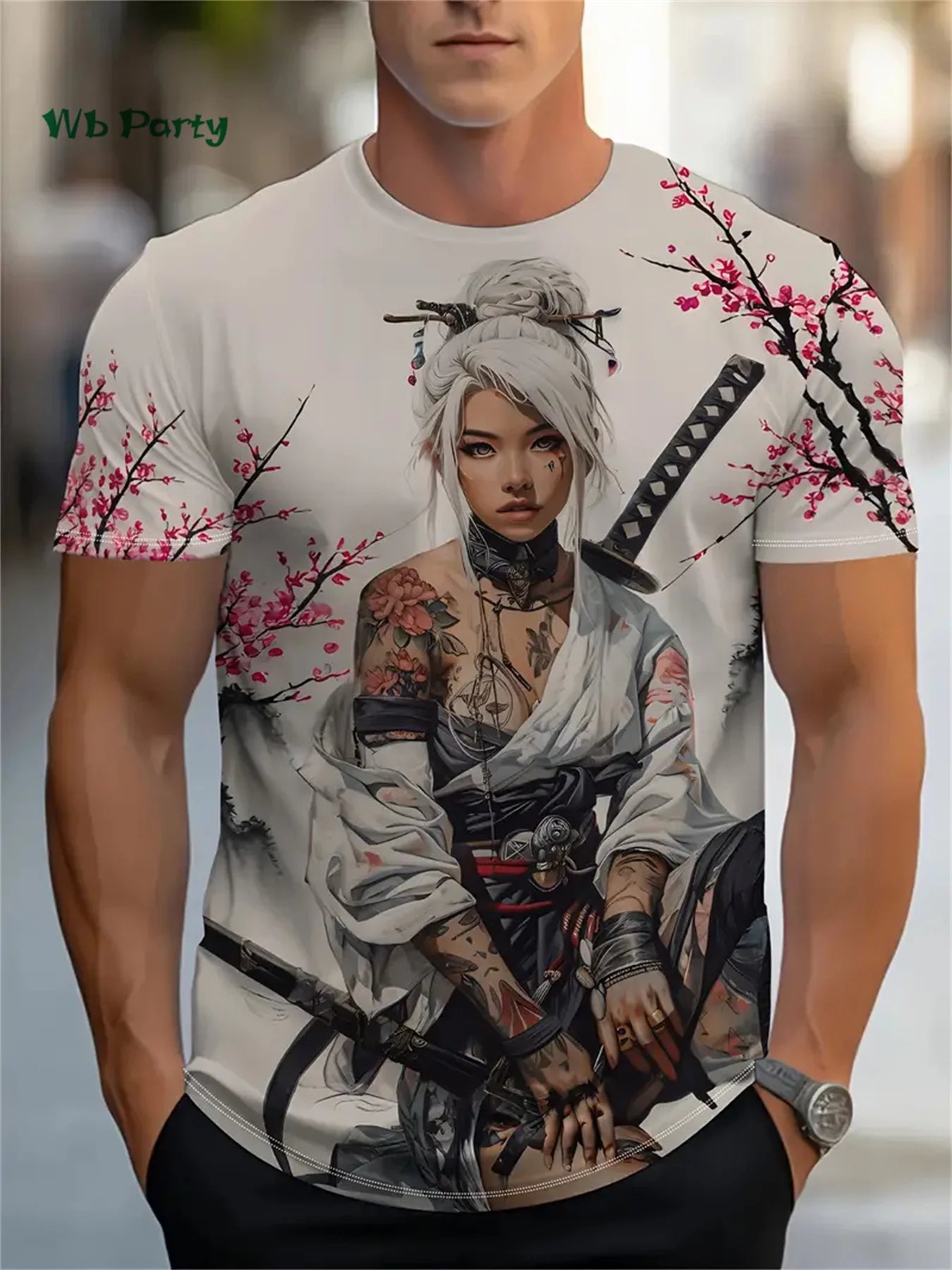 Sakura Samurai Pattern Men's T-Shirt Japanese Anime Short Sleeve T-Shirt Harajuku Tops Summer Men's Oversized Casual Clothing