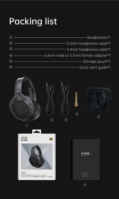 Auriculares audiófilos magnéticos planares FiiO JT7 – Auriculares HiFi con cable circumaurales con transductor de 95x86mm, diadema ajustable y cable de 4.4mm/3.5mm