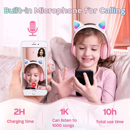 Cute Cat Ear Bluetooth Wireless Headphones with LED Lights – Kids Foldable Stereo Headset with Microphone, Bluetooth 5.0 Gaming & Music Headphones