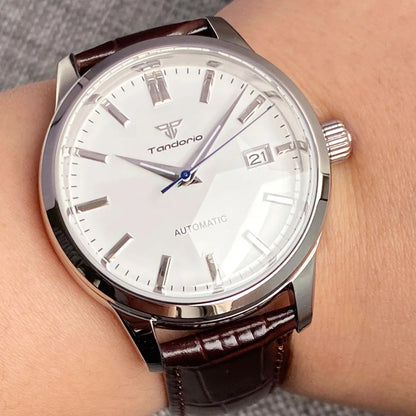 Tandorio 40mm Japanese NH35 Automatic 200M Diving Watch Men Beige Dial Bubble Sapphire Polished Case Glass Back Screw Crown