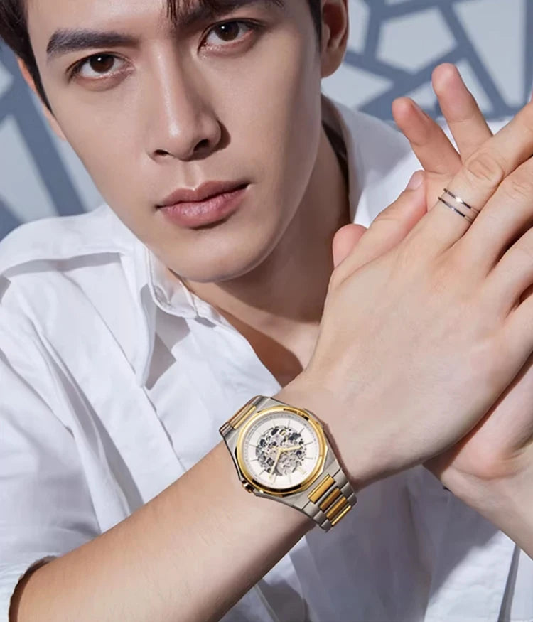 Shanghai Watch Dual Skeletonized Automatic Mechanical Watches 41mm Luminous Sapphire Men's Wristwatch 316L Stainless Steel S8008