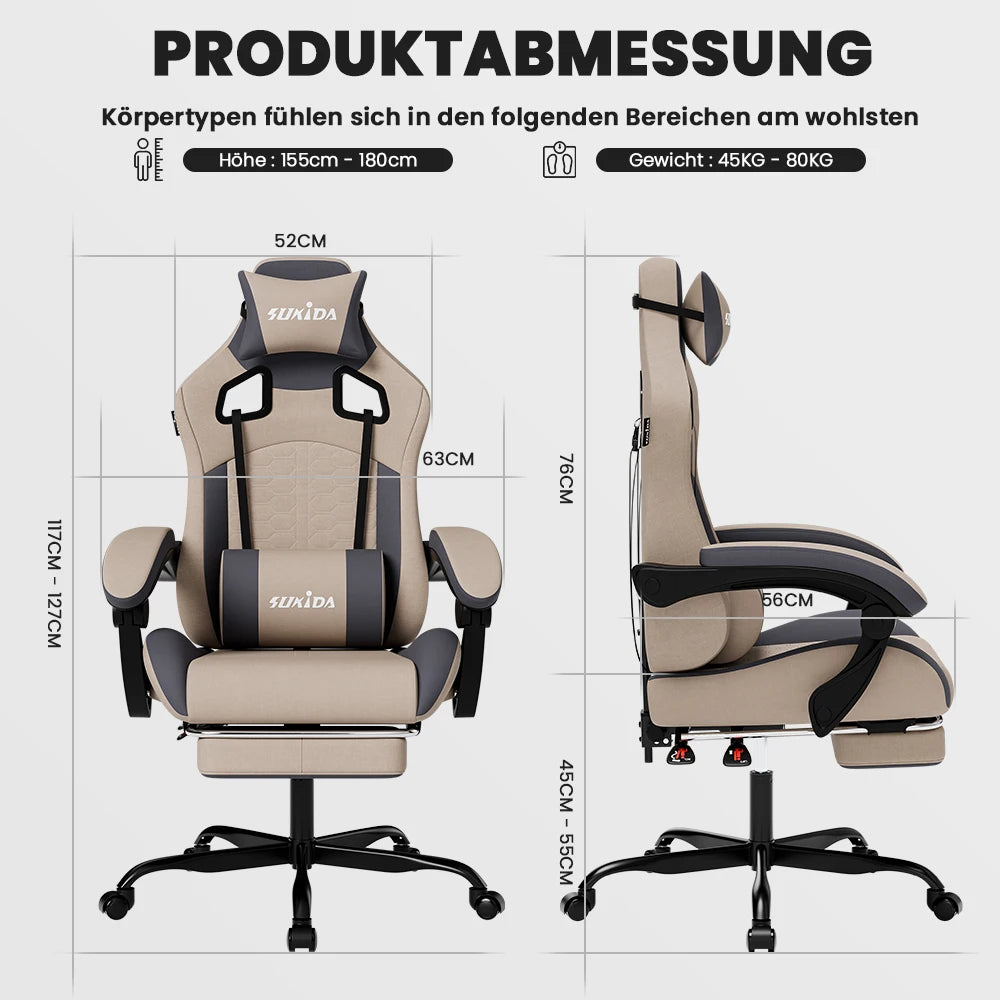 SUKIDA Ergonomischer Racing-Gaming-Stuhl, verstellbar und drehbar, mit Kopfstütze und Lendenwirbelstütze für Büro und Gaming