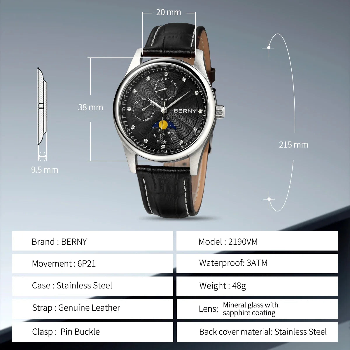BERNY Men Watch Date Weeks Moon Phase Quartz Watches for Men Stainless Steel Leather Strap Business Wristwatch Male Clock