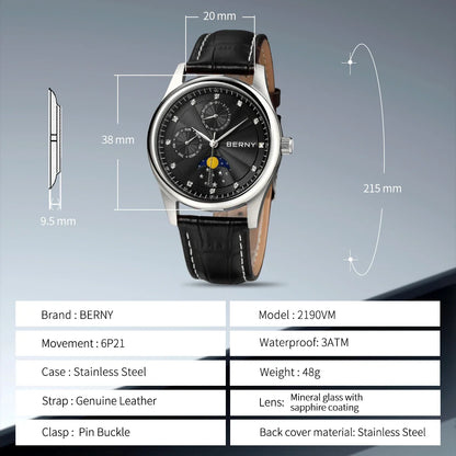 BERNY Men Watch Date Weeks Moon Phase Quartz Watches for Men Stainless Steel Leather Strap Business Wristwatch Male Clock