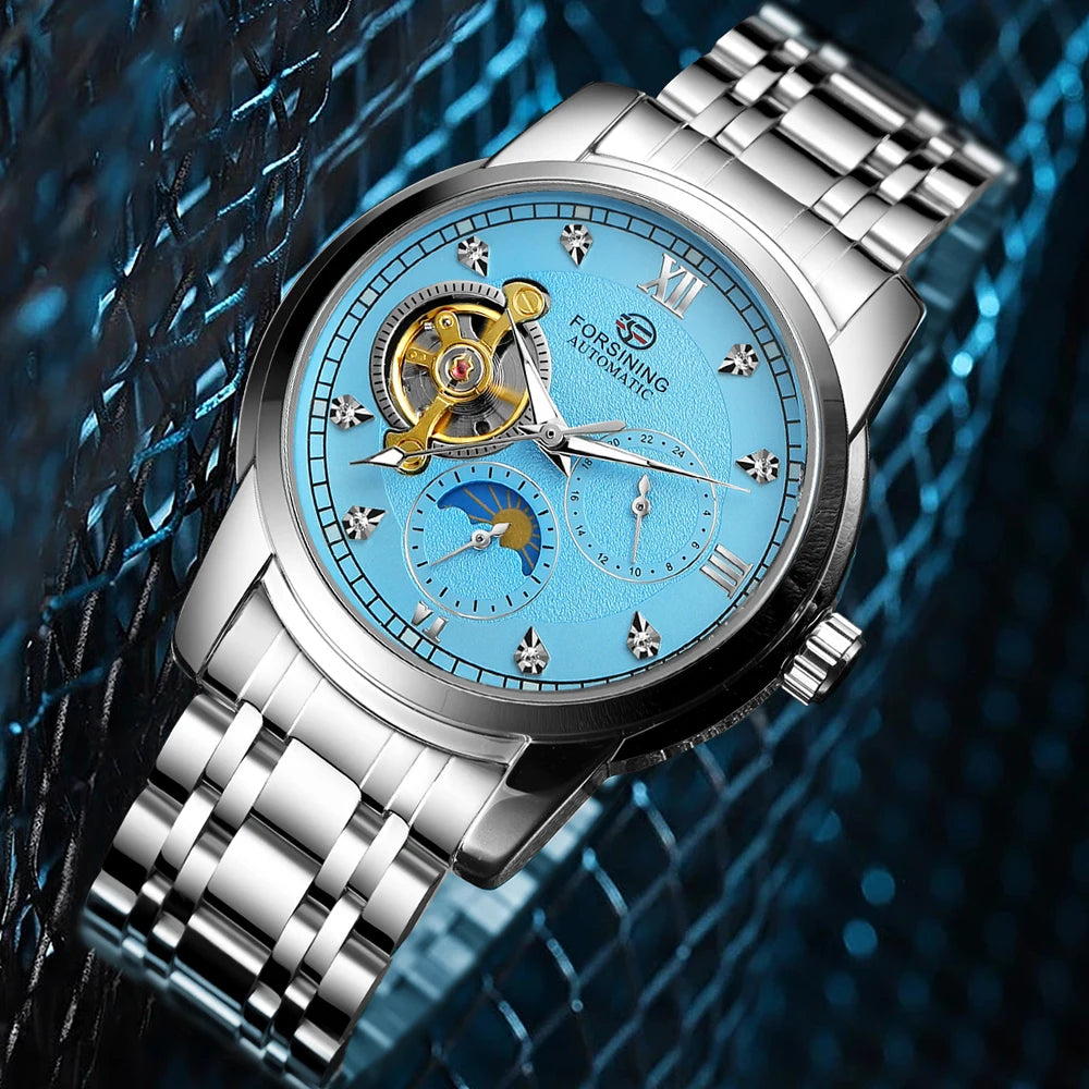 Reloj mecánico automático para hombre Forsining: estilo de lujo, ejecutivo y moderno; brazalete de metal; tourbillon; agujas luminiscentes; adornado con diamantes sintéticos