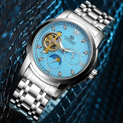 Reloj mecánico automático para hombre Forsining: estilo de lujo, ejecutivo y moderno; brazalete de metal; tourbillon; agujas luminiscentes; adornado con diamantes sintéticos
