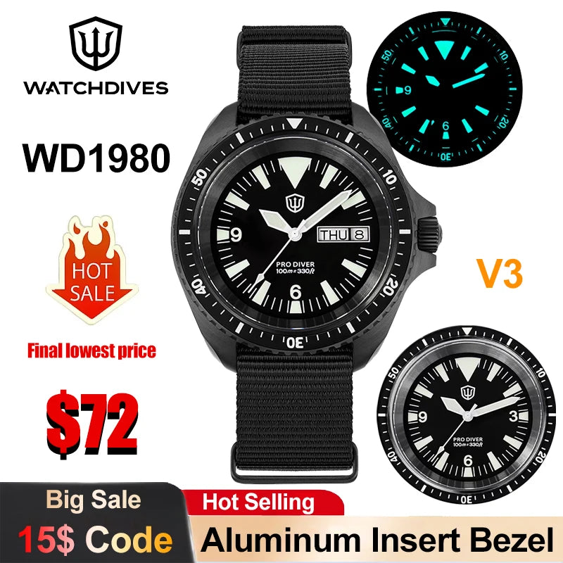Watchdives WD1980 V3 Quartz Watch VH31 Sweep Movement Sapphire Vintage Watch 100m Waterproof Stainless Steel Luminous Mens Watch