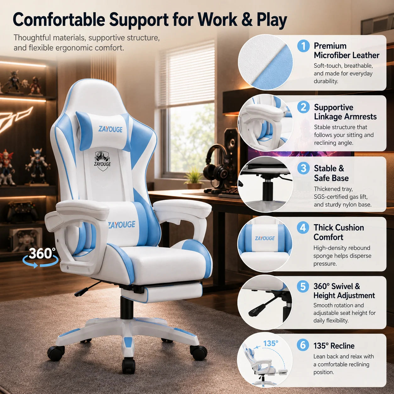 AOLIVIYA Gaming Reclining Chair Ergonomic Office Chair with Footrest, Adjustable Swivel Computer Chair, Racing Style E-Sports Gaming Seat