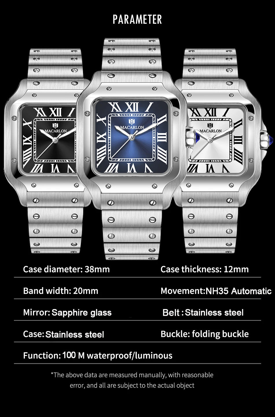 2026 New MACARLON Design 38mm Mechanical Watch Men Sapphire Glass Luminous Stainless Steel Waterproof China NH35 Automatic Watch