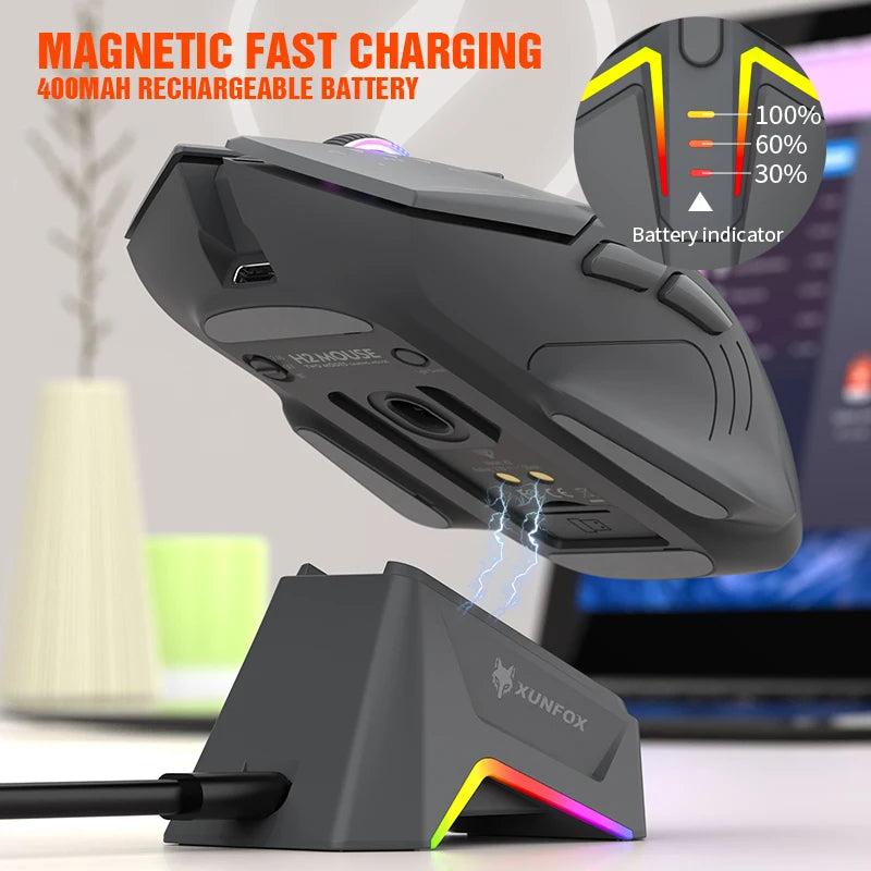 XUNSVFOX H2 trådlös Bluetooth-mus med dubbla lägen, RGB-belysning, för laptop, gaming och kontor, magnetisk laddning