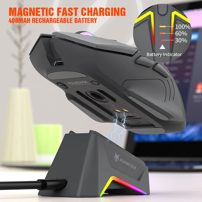 XUNSVFOX H2 trådlös Bluetooth-mus med dubbla lägen, RGB-belysning, för laptop, gaming och kontor, magnetisk laddning