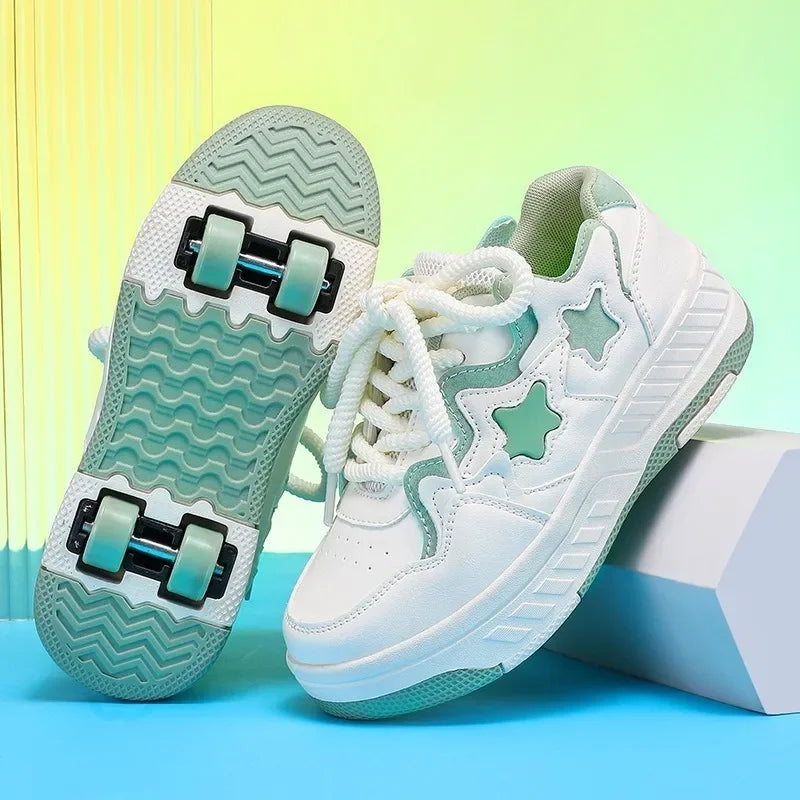 Chaussures de roller pour enfants - Roues rechargeables, couleurs tendance, finition brillante, pour les anniversaires, pour garçons et filles, chaussures décontractées deux-en-un