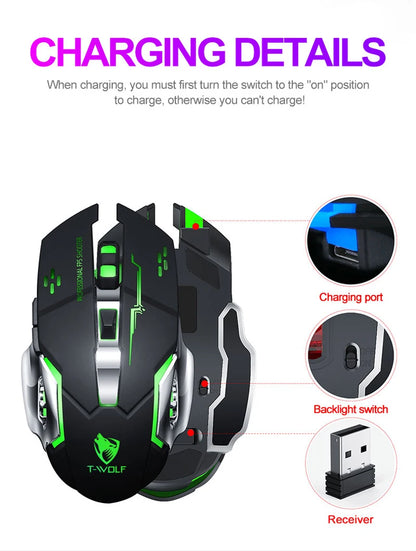 Rechargeable Wireless Gaming Mouse with RGB Backlit, Silent Click, Ergonomic Optical Wireless Mouse for PC, Laptop & Desktop, 2400 DPI